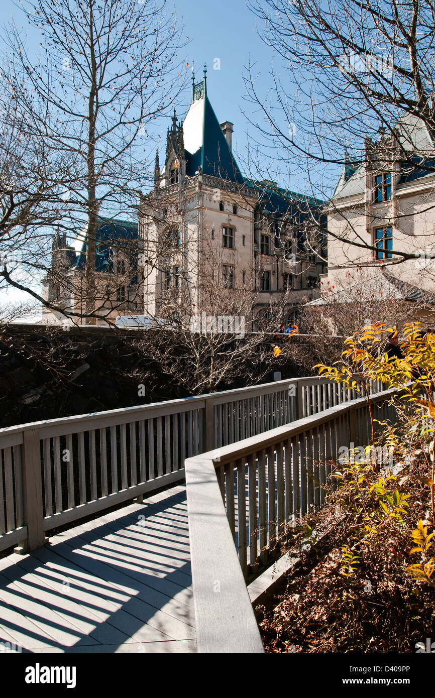 Vertical view of Biltmore House from wooden bridge , Asheville, North Carolina, ,North America ,USA Stock Photo