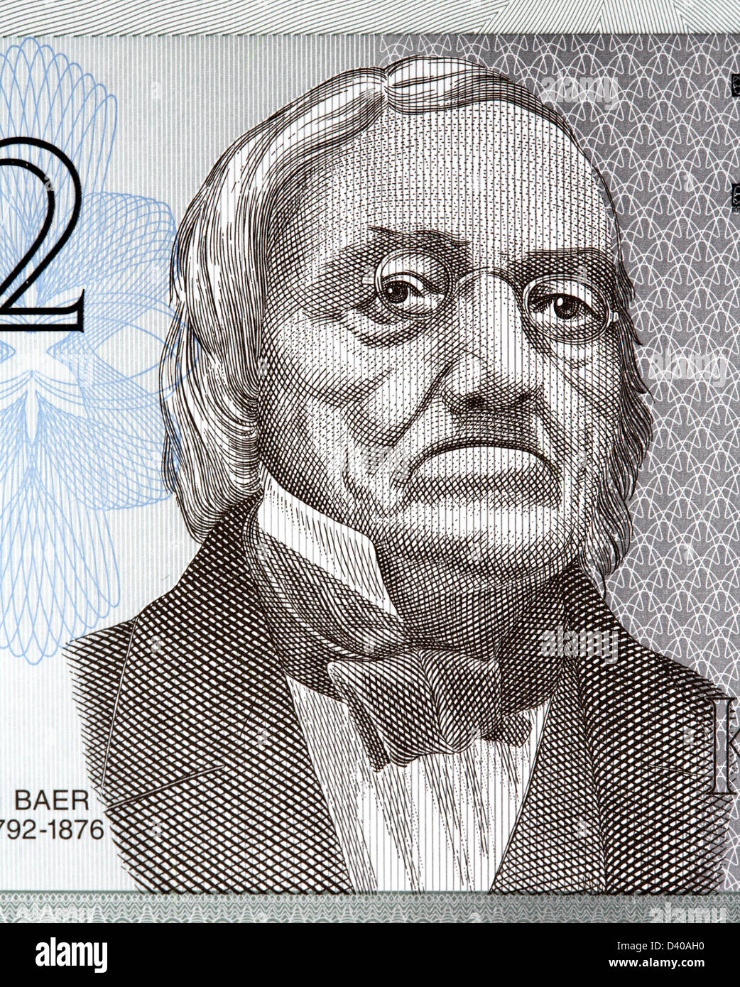 Portrait of K. E. von Baer from 2 Krooni banknote, Estonia, 1992 Stock Photo