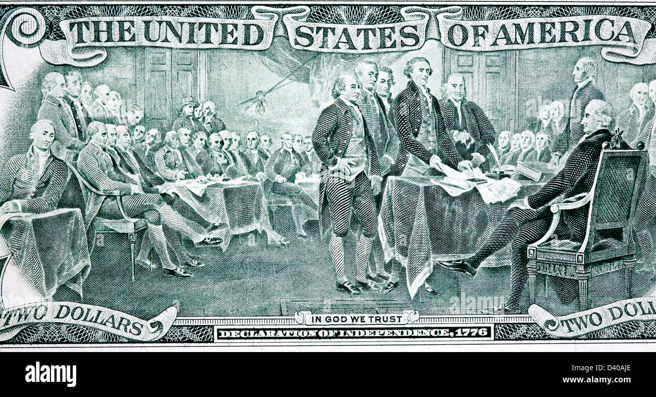Scene of Signing of the Declaration of Independence from 2 Dollars banknote, USA, 2003 Stock Photo