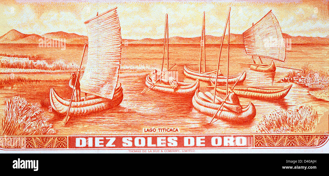 Sail boats at lake Titicaca from 10 Soles de Oro banknote, Peru, 1976 Stock Photo