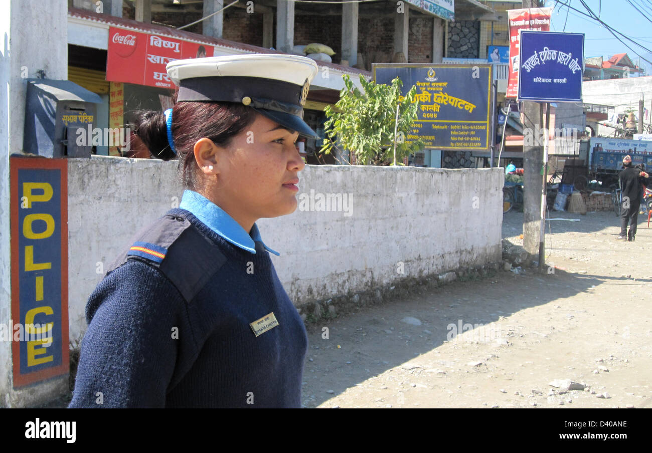 Traffic policewoman Shanta Chettri stands in front of the police