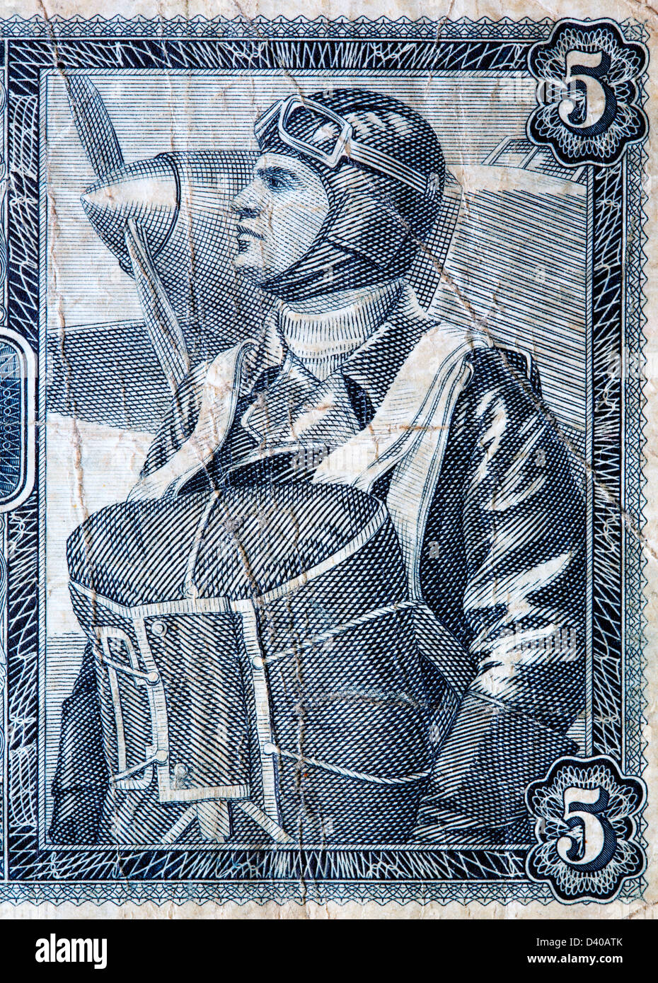 Aviator from 5 Rubles banknote, Russia, 1938 Stock Photo