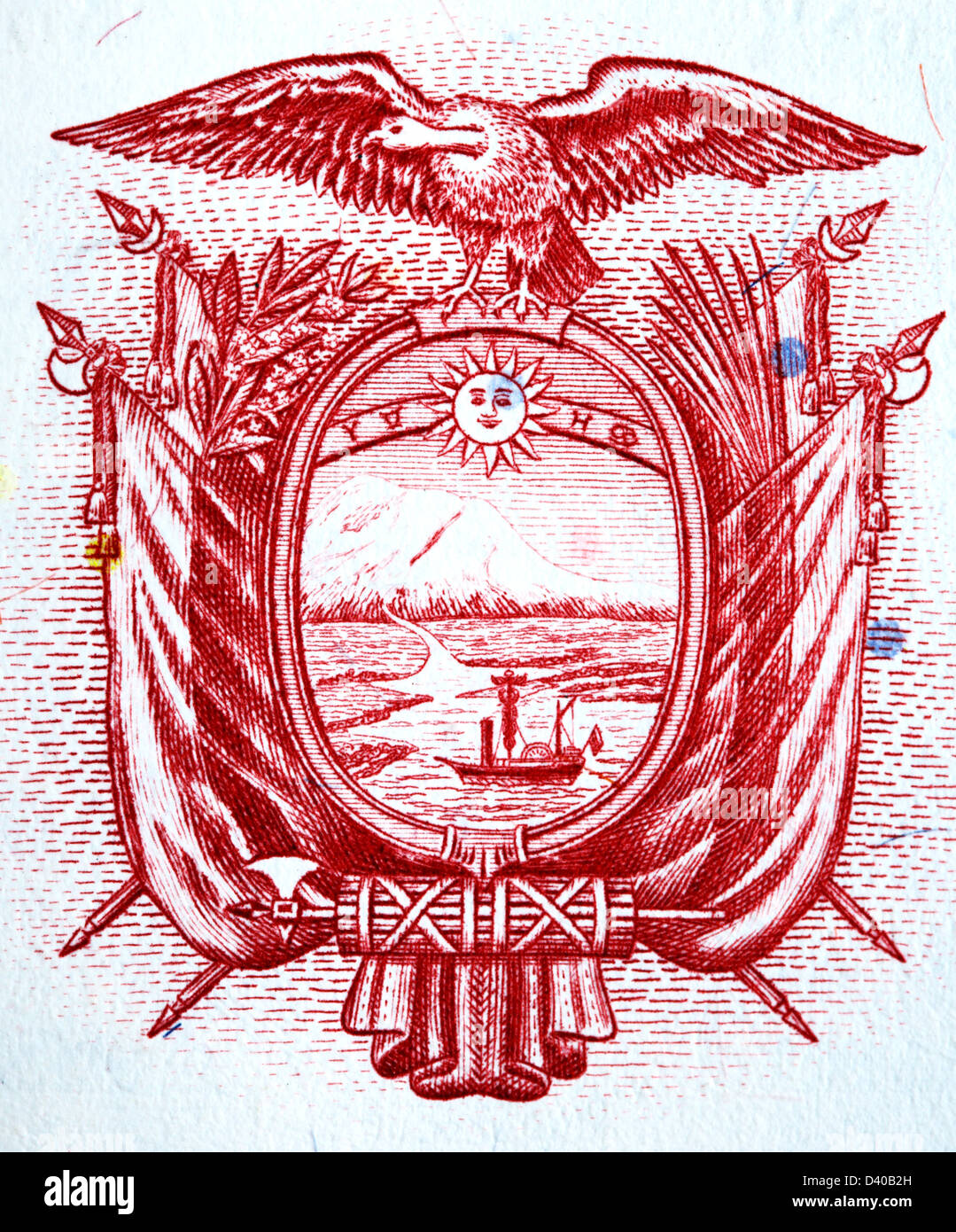 Ecuadorian coat of arms from 5 Sucres banknote, Ecuador, 1988 Stock Photo