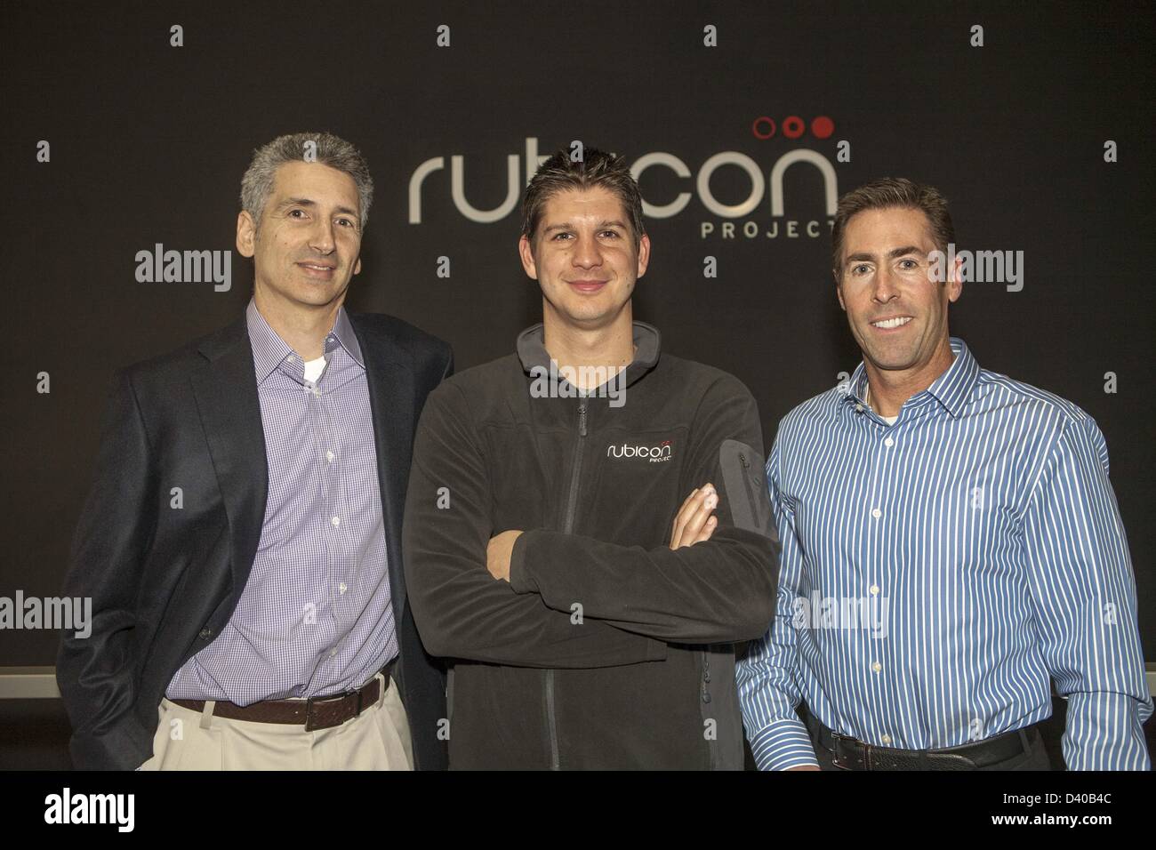 Feb. 11, 2013 - Los Angeles, California (CA, USA - Frank Addante, CEO and co-founder (center), Greg Raifman (L), president and Todd Tapin (R), COO/CFO of Rubicon Project, an ad tech company in West Los Angeles. (Credit Image: © Ringo Chiu/ZUMAPRESS.com) Stock Photo