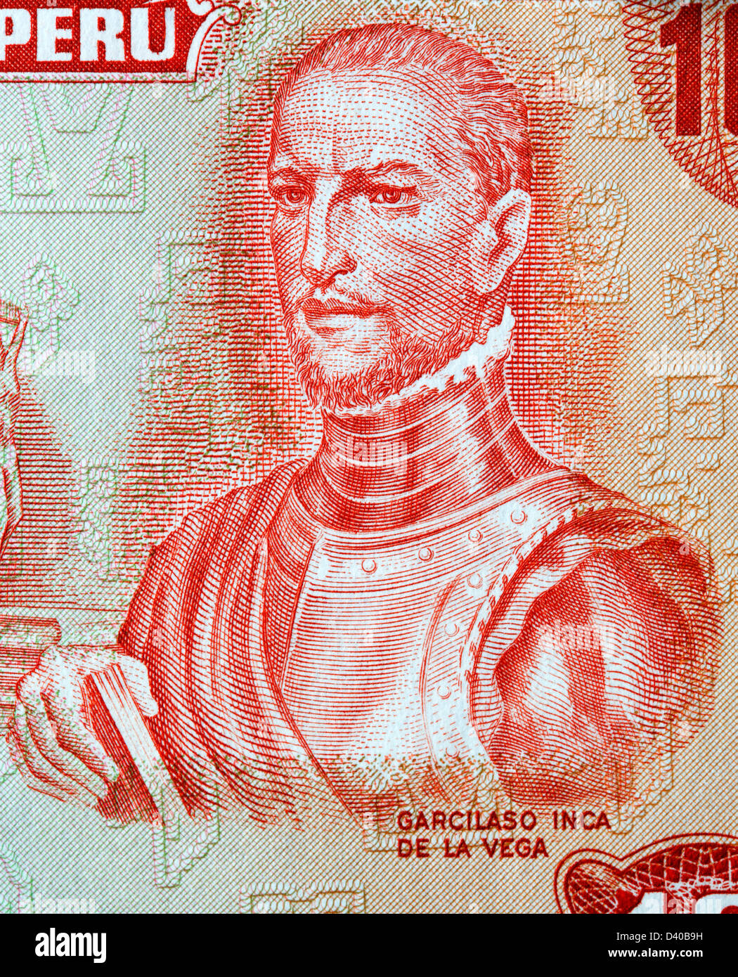 Portrait of Garcilaso Inca de la Vega from 10 Soles de Oro banknote, Peru, 1976 Stock Photo