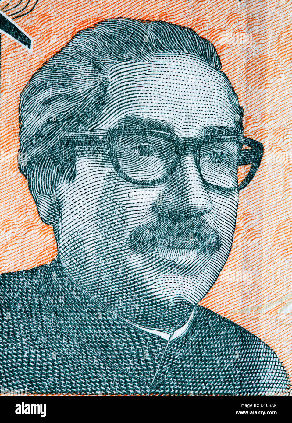 Portrait of Bangabandhu Sheikh Mujibur Rahman from 2 Taka banknote, Bangladesh, 2011 Stock Photo