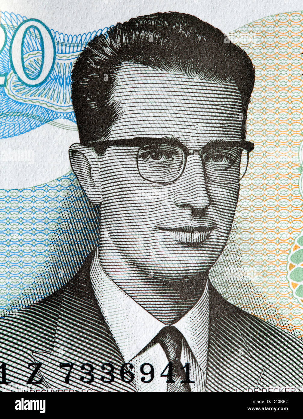 Portrait of King Baudouin I from 20 Francs banknote, Belgium, 1964 Stock Photo