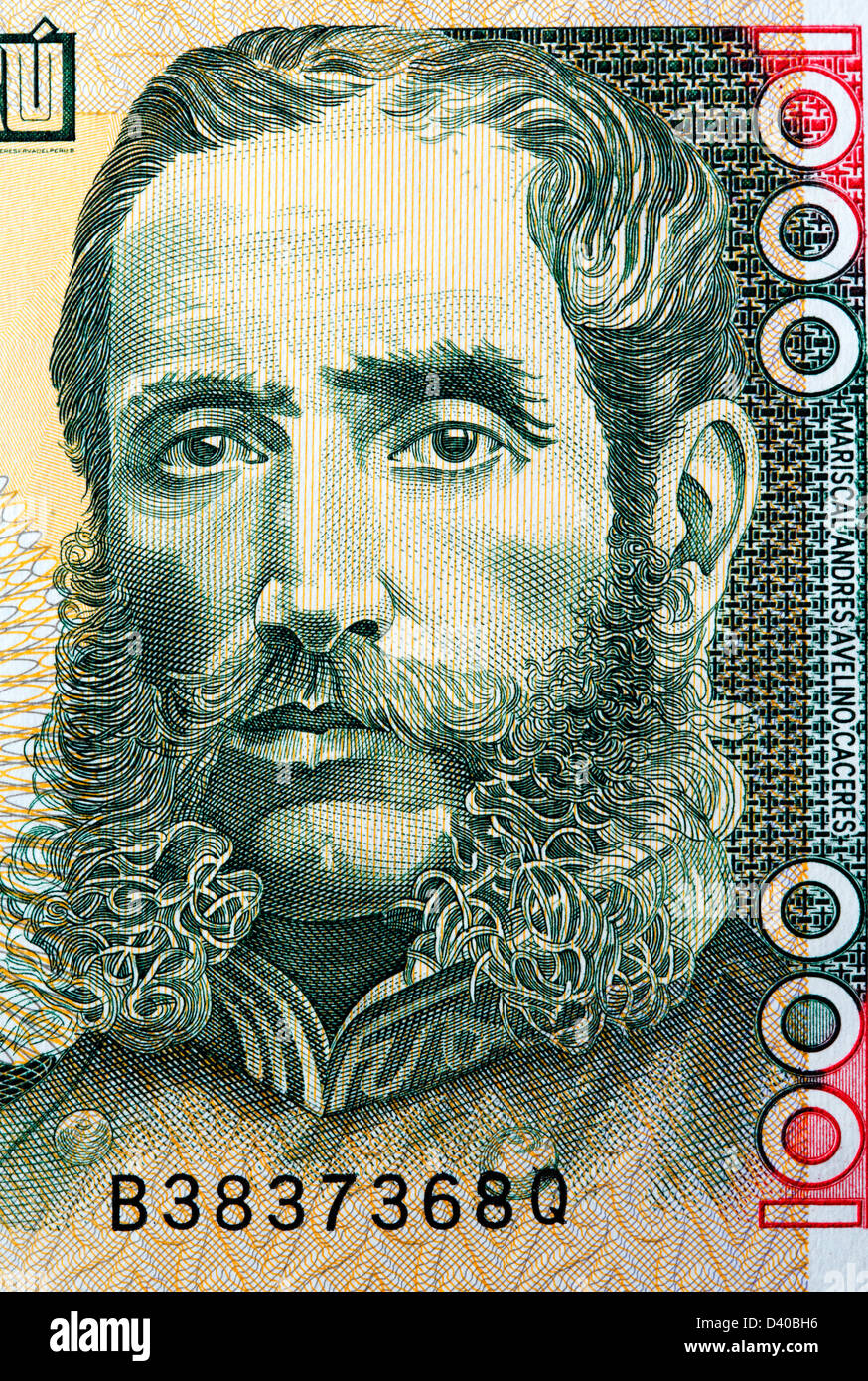 Portrait of Mariscal Andres Avelino Caceres from 1000 Intis banknote, Peru, 1988 Stock Photo