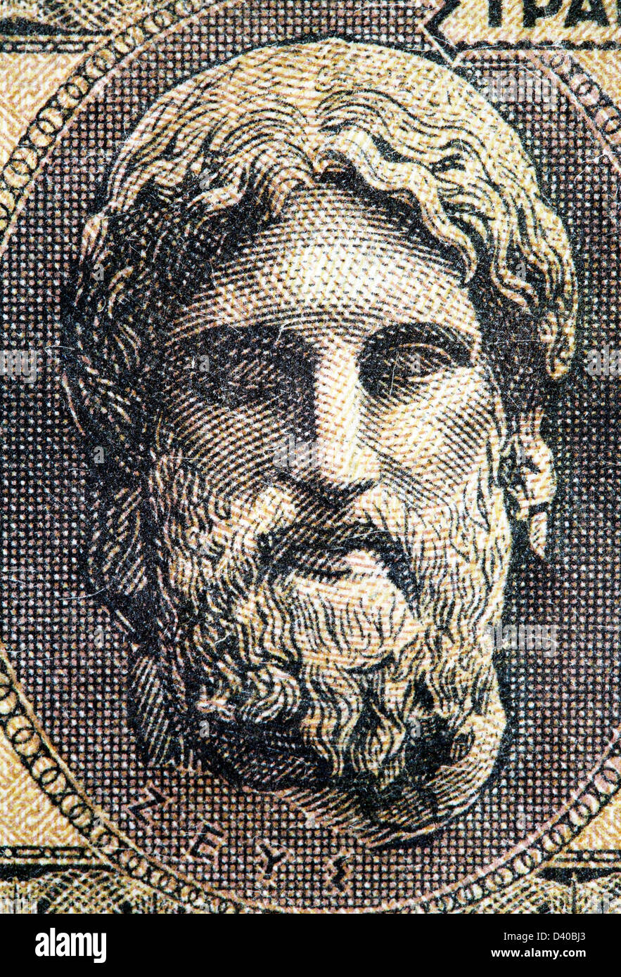 Head of Zeusfrom 500000 Drachmas banknote, Greece, 1944 Stock Photo