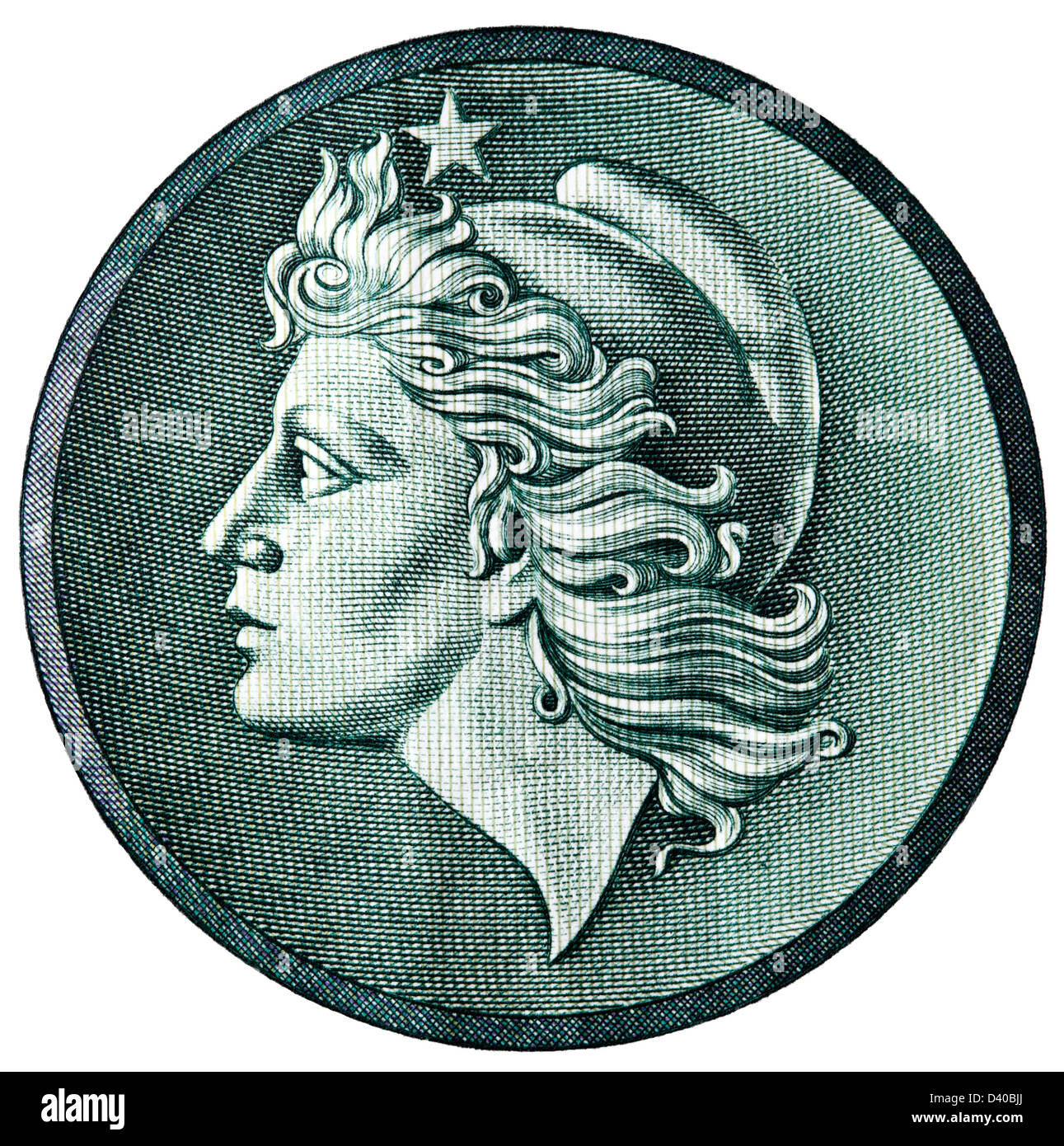 Liberty head from 1 Cruzeiro banknote, Brazil, 1970, on white background Stock Photo