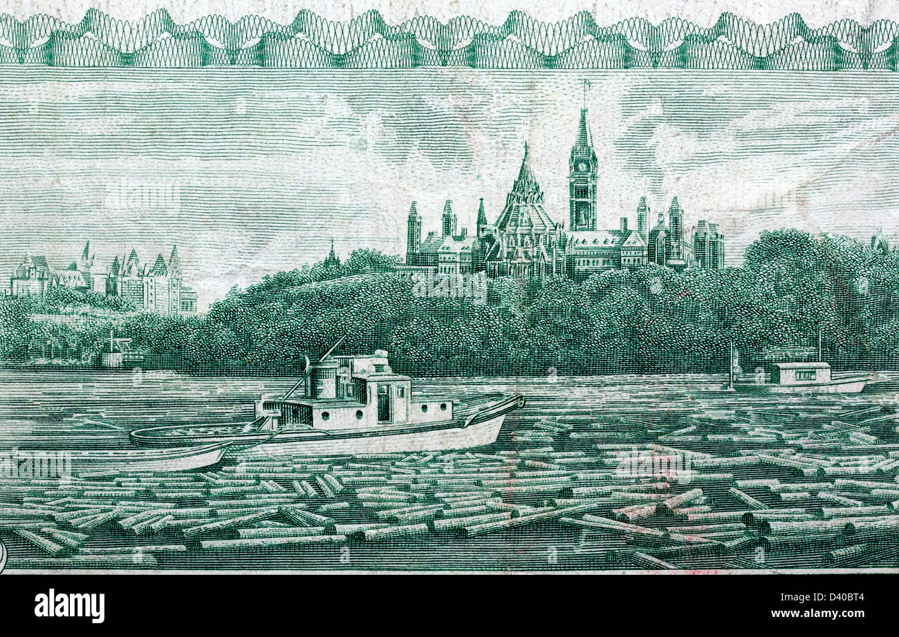 Parliament Building across the Ottawa river from 1 Dollar banknote, Canada, 1973 Stock Photo