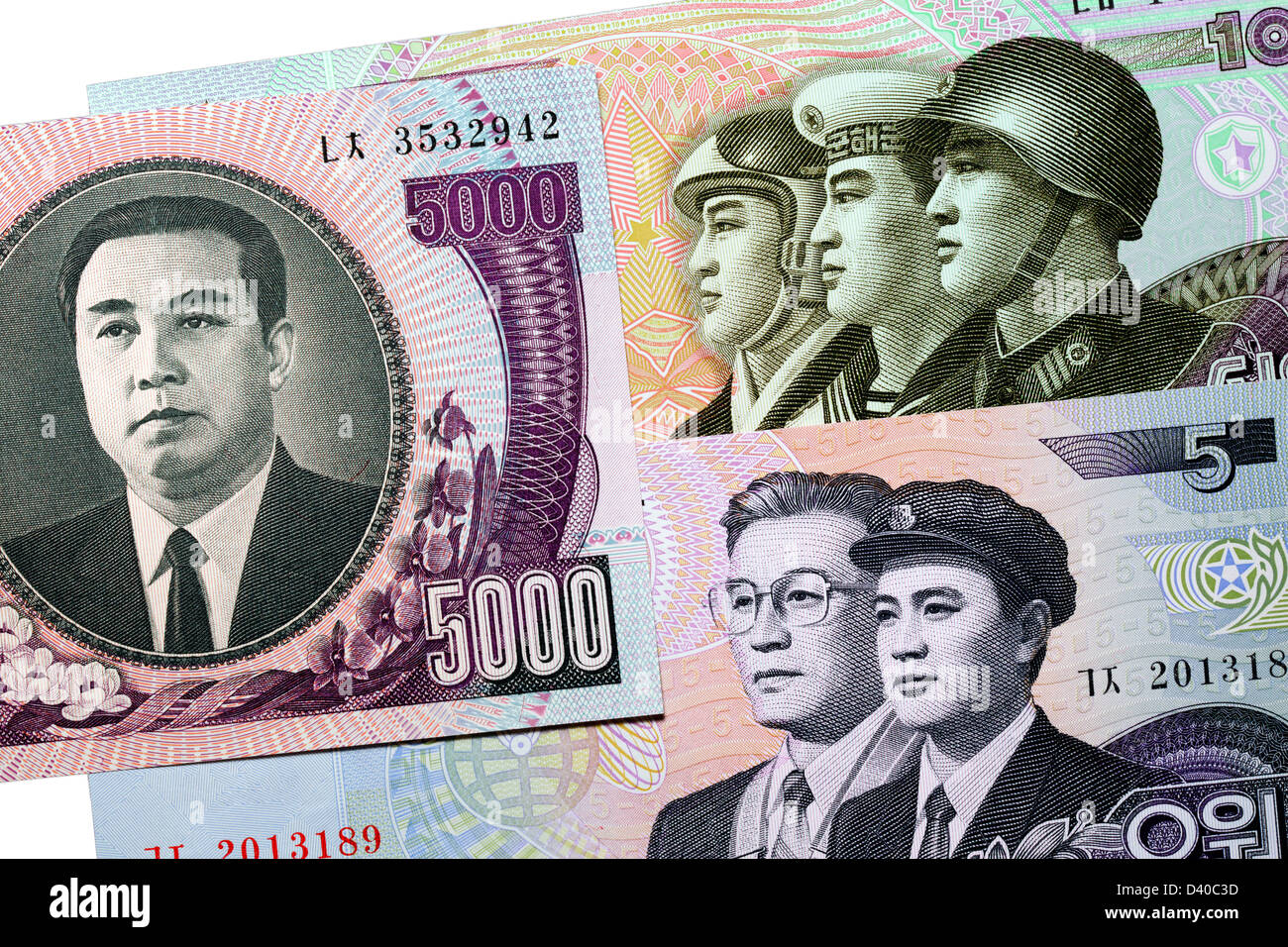 North Korean Won banknotes of different denominations Stock Photo