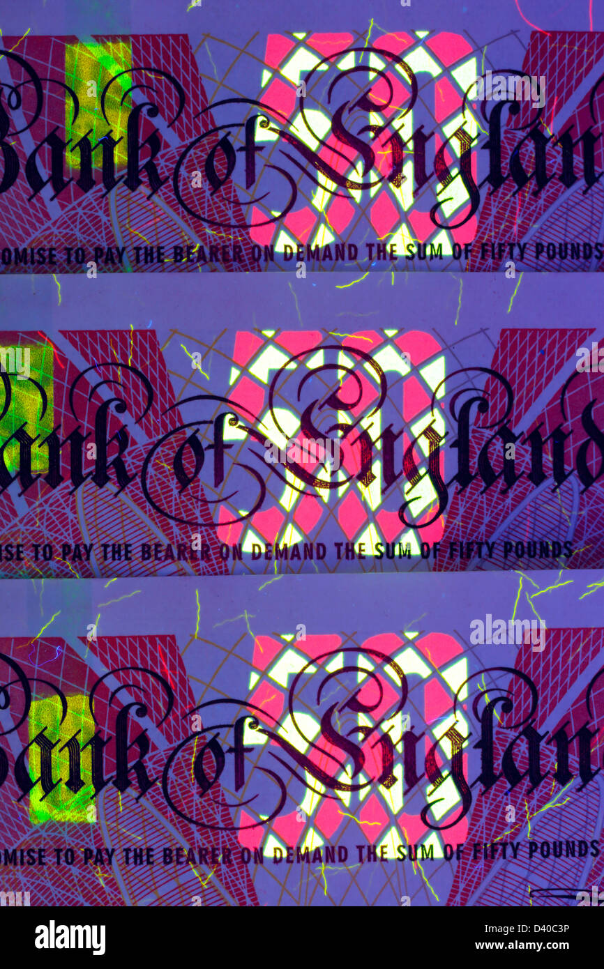 50 Pounds banknote under UV light, UK, 2010 Stock Photo