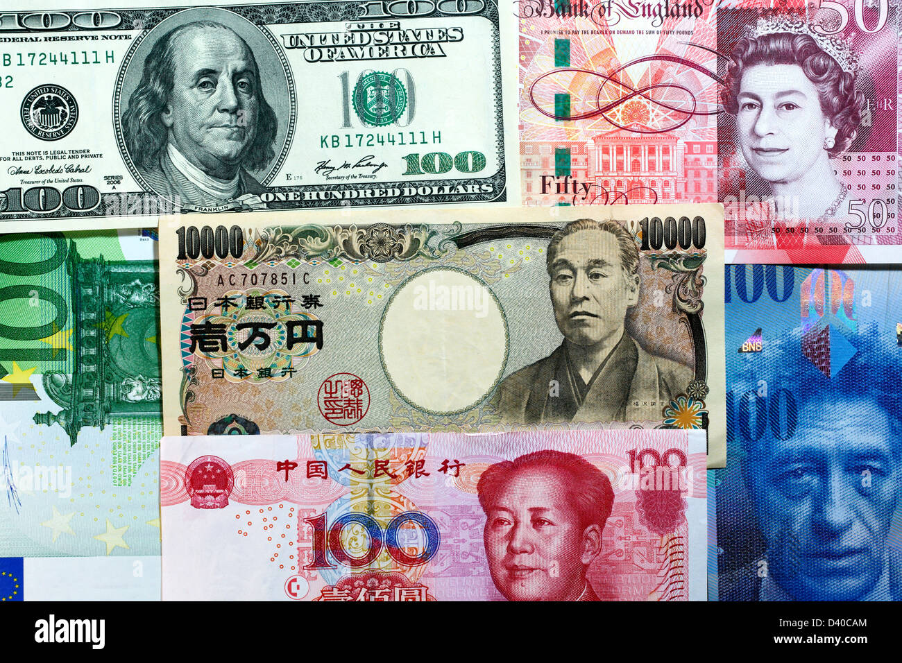 Mosaic made of Dollars, Pounds, Yen, Yuan, Euro and Swiss Francs banknotes Stock Photo