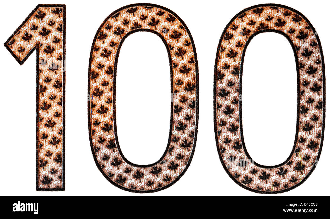 Number 100 from 100 Dollars banknote, Canada, 2004, on white background ...
