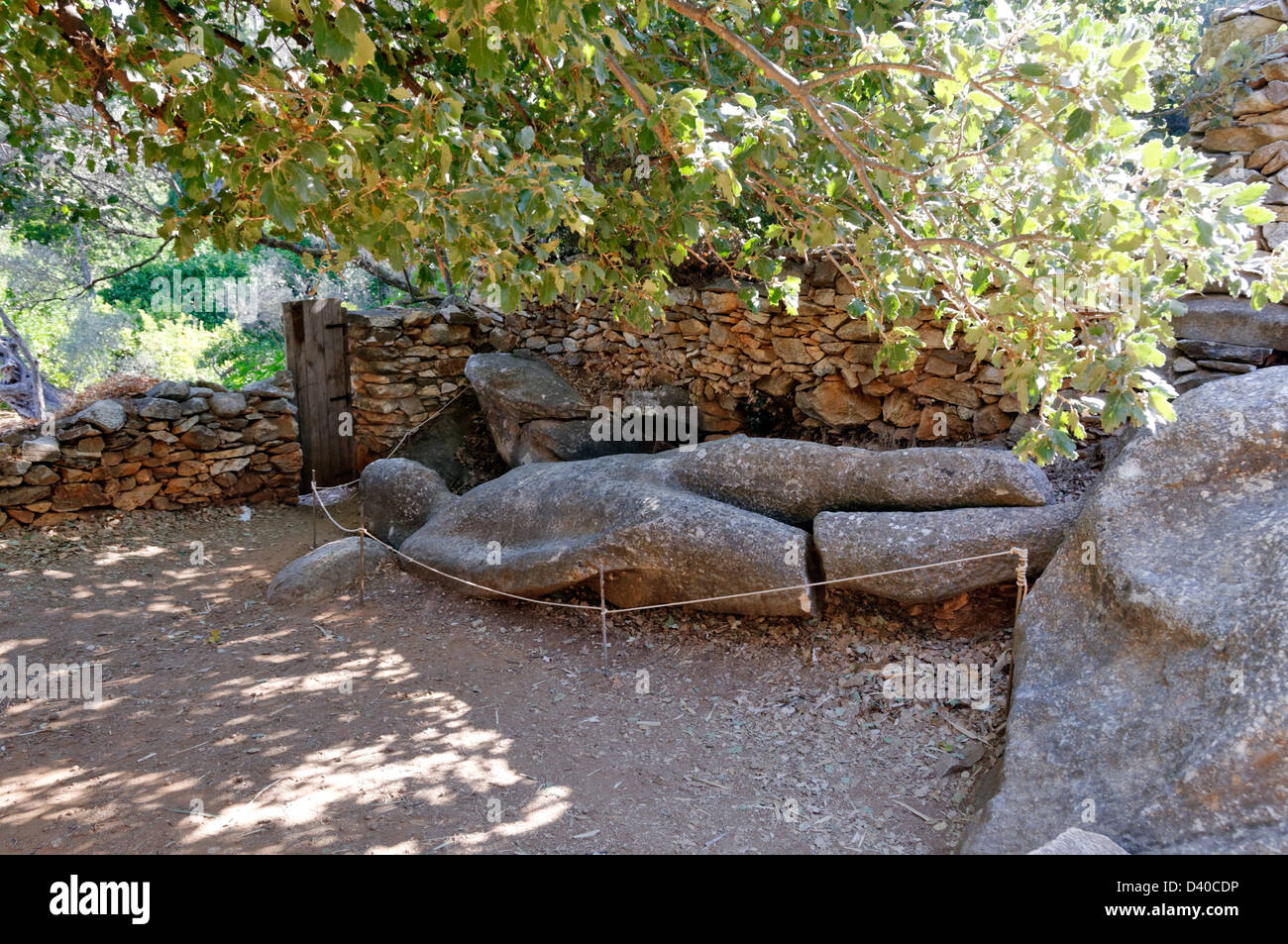 Naxos. Cyclades. Greece. The Kouros of Flerio lays abandoned in a garden in the ancient marble quarries of Melanes valley Stock Photo