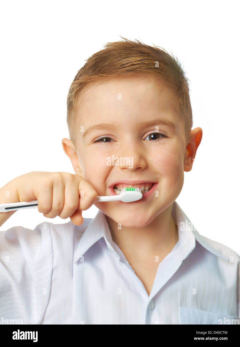 Little child with dental toothbrush brushing teeth.isolated on a white