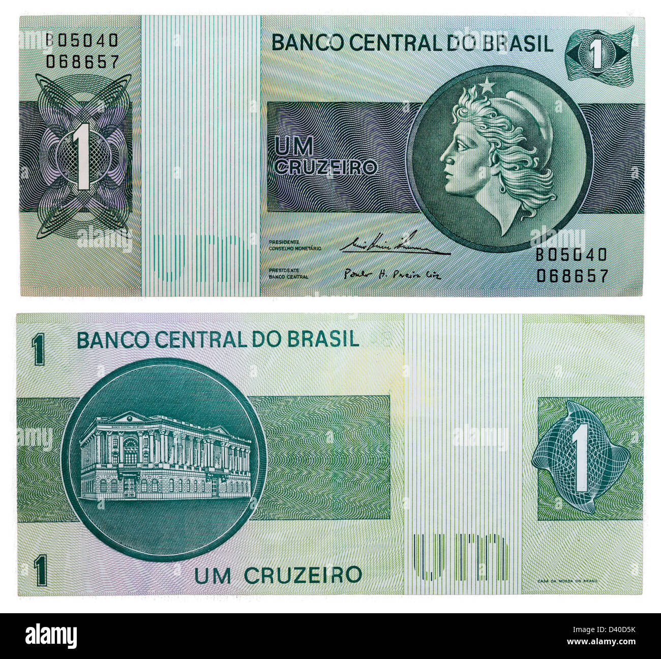 1 Cruzeiro banknote, Liberty head and Central bank building, Brazil, 1970 Stock Photo
