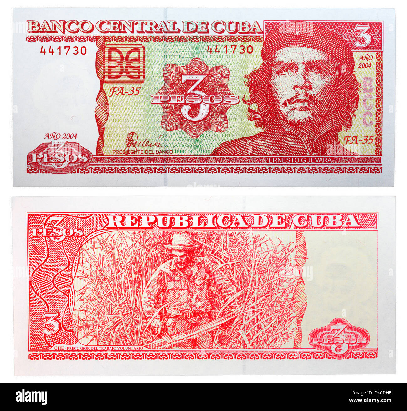 3 Pesos banknote, Che Guevara in sugar cane field, Cuba, 2004 Stock Photo