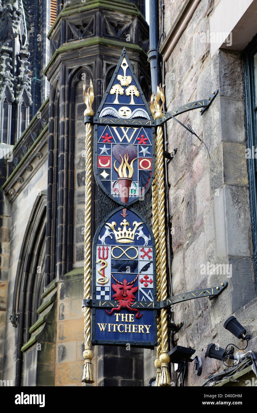 A sign above The Witchery By The Castle Restaurant on Castlehill, Royal Mile, Edinburgh city centre, Scotland, UK Stock Photo
