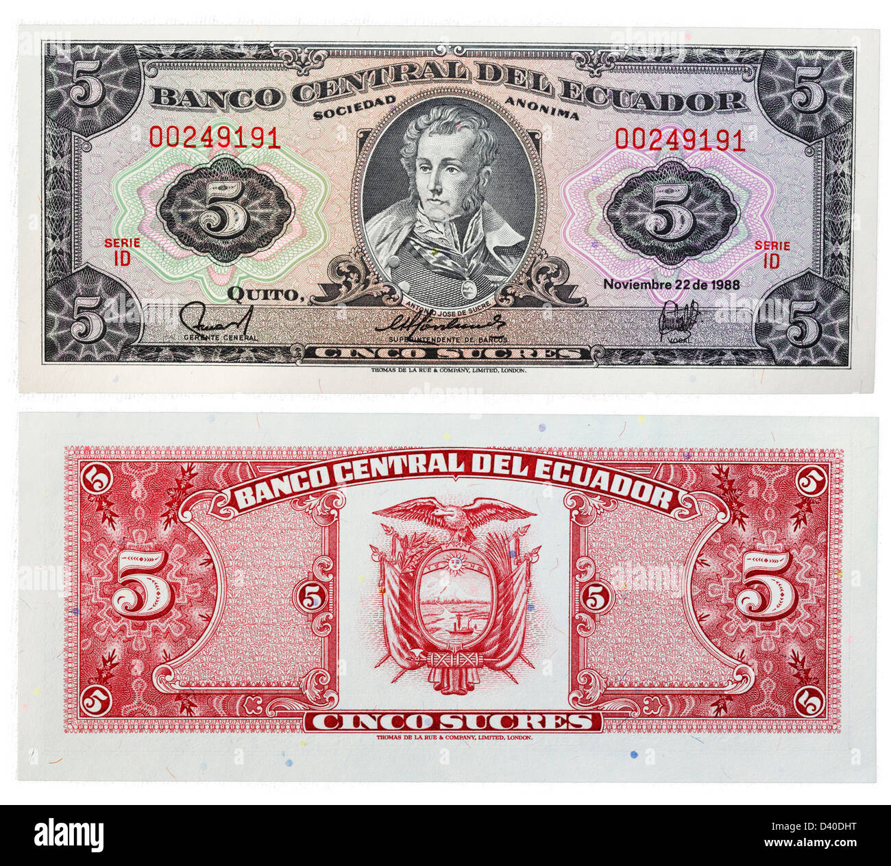5 Sucres banknote, Antonio Jose de Sucre, Ecuador, 1988 Stock Photo