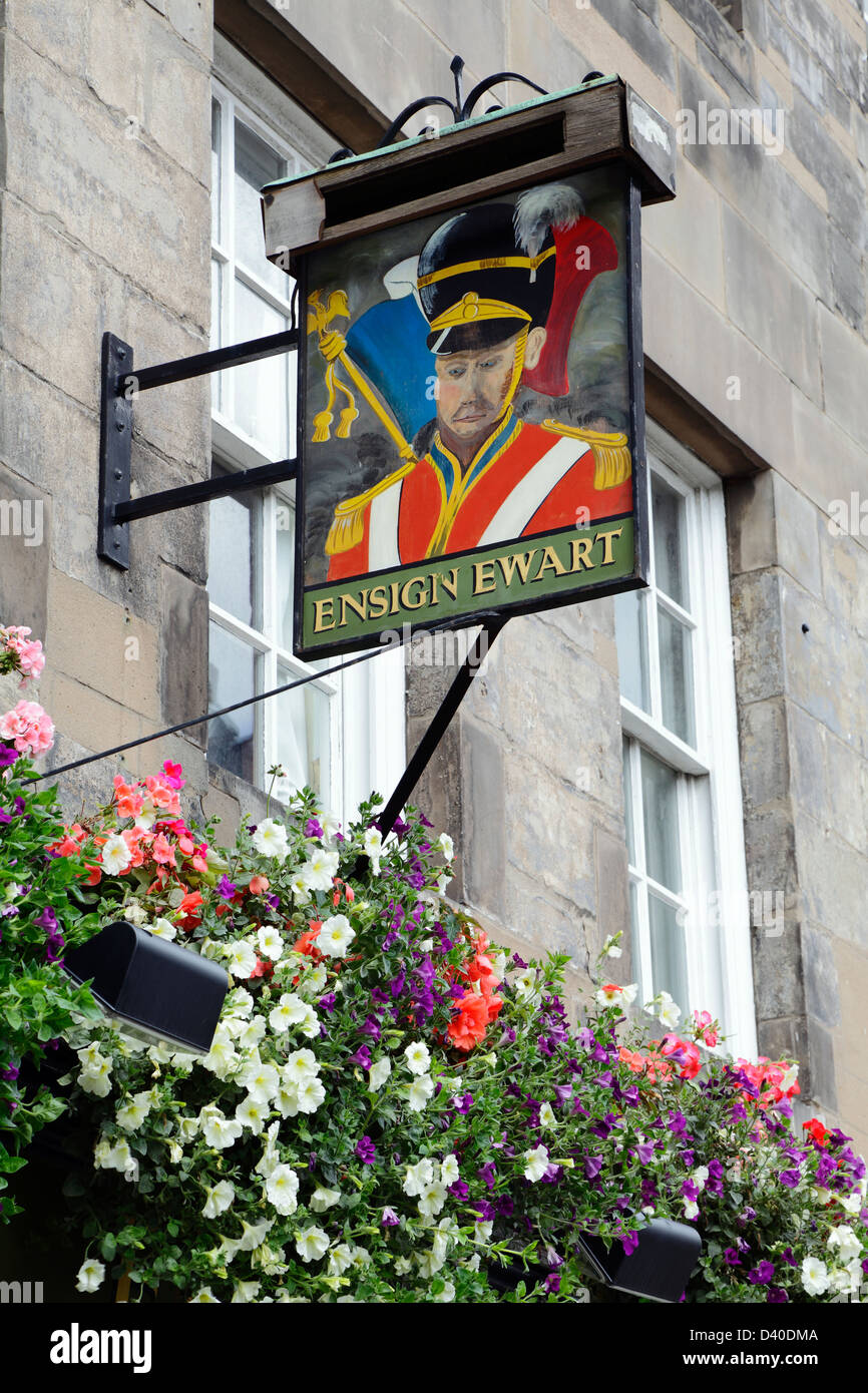 A sign above the Ensign Ewart traditional Scottish Bar on Lawnmarket, Royal Mile, Edinburgh city centre, Scotland, UK Stock Photo