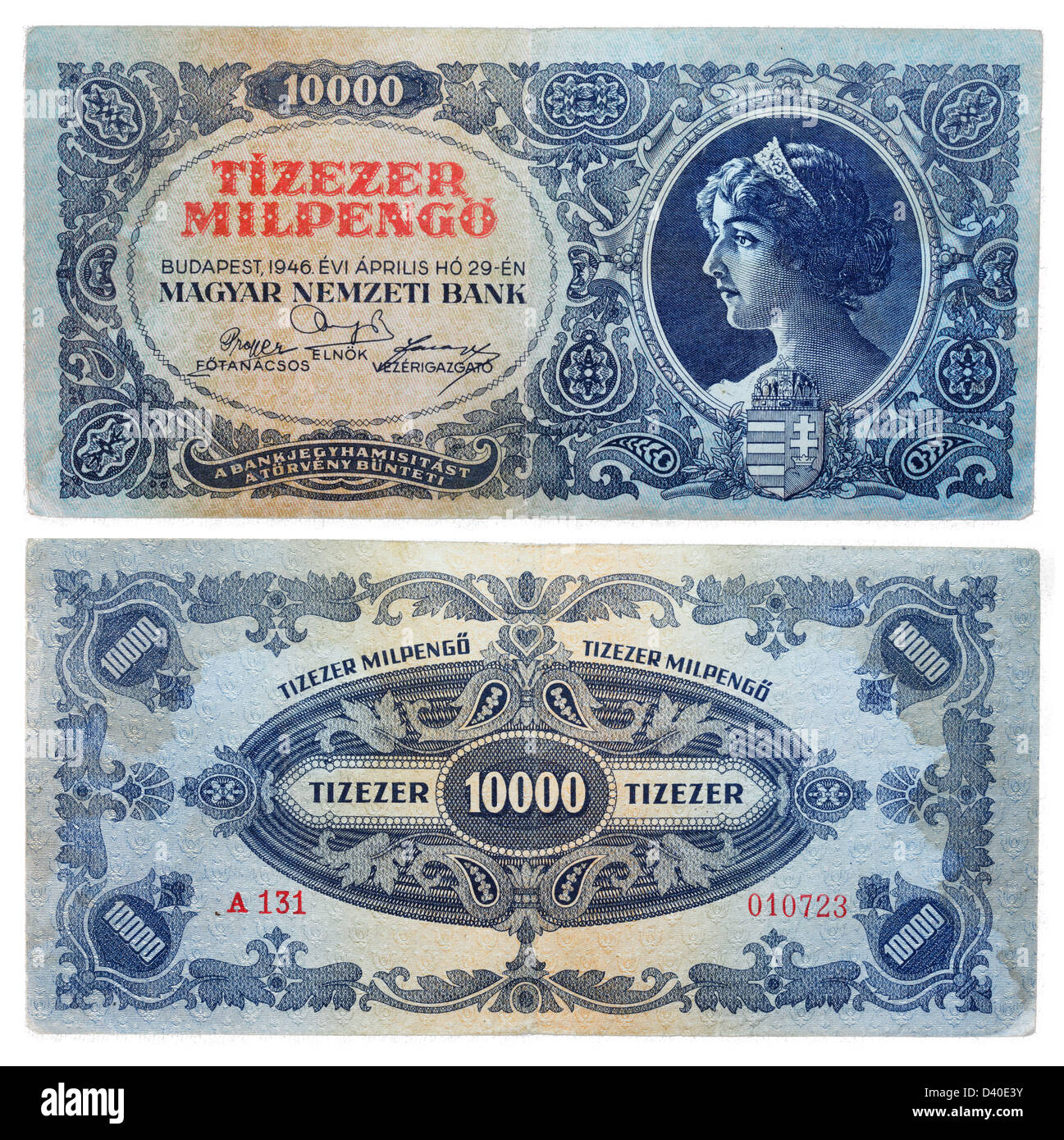 10000 Pengo banknote, Young woman, Hungary, 1946 Stock Photo