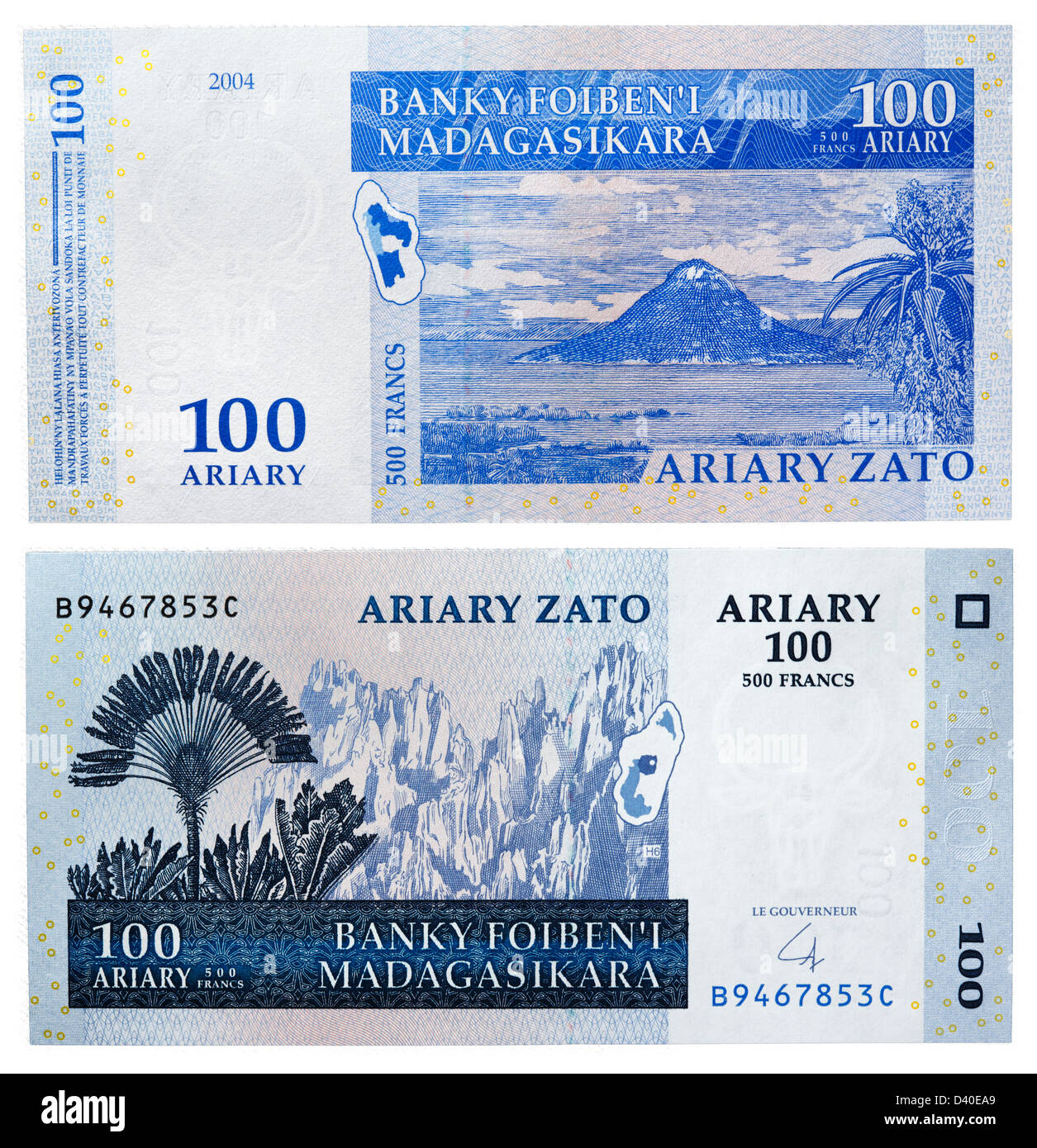100 Ariary banknote, Ravinala and Tsingi plants and Sugarloaf mountain at Antsiranana bay, Madagascar, 2004 Stock Photo