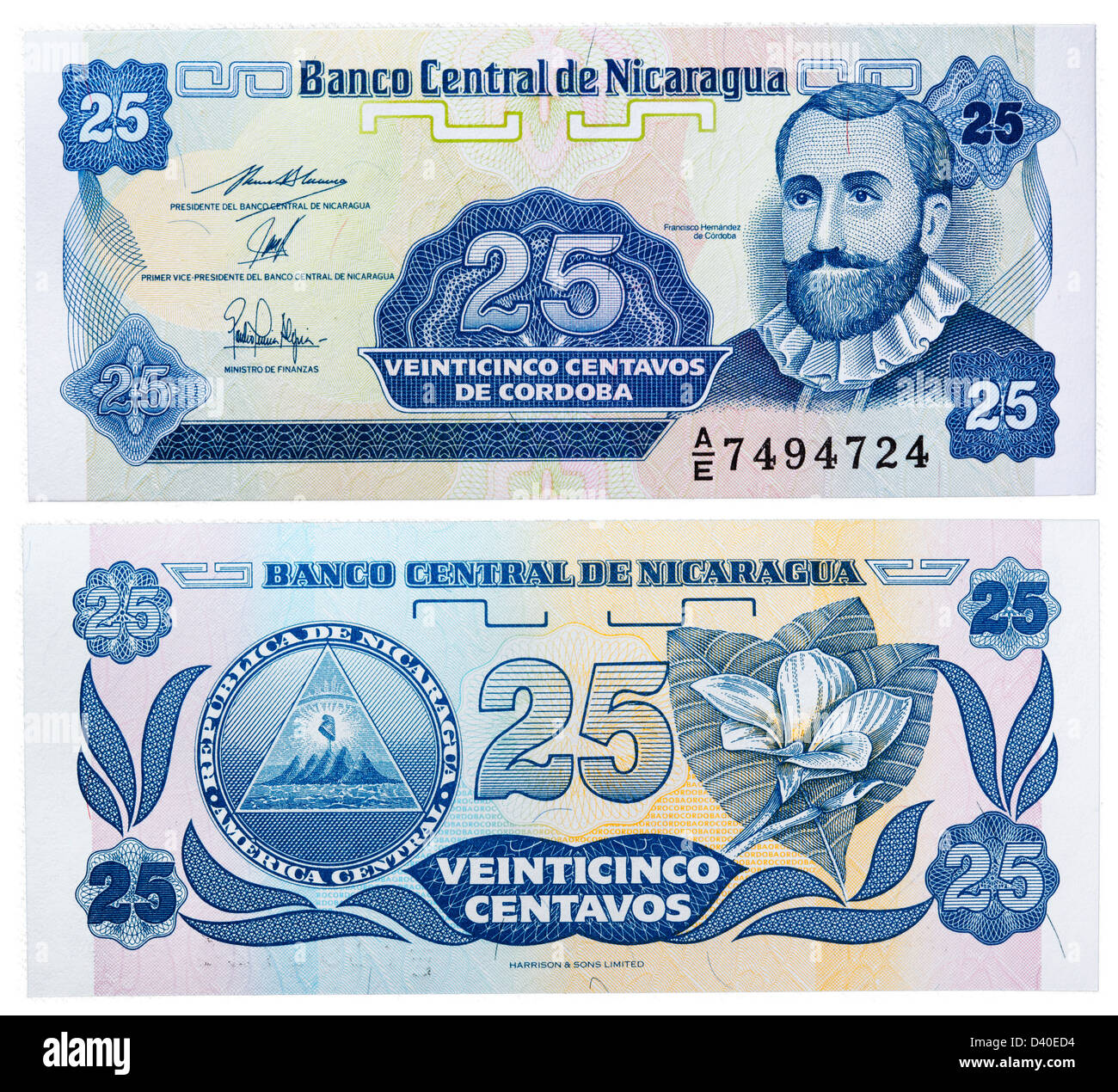 25 Centavos banknote, Francisco Hernandez de Cordoba, Nicaragua, 1991 ...