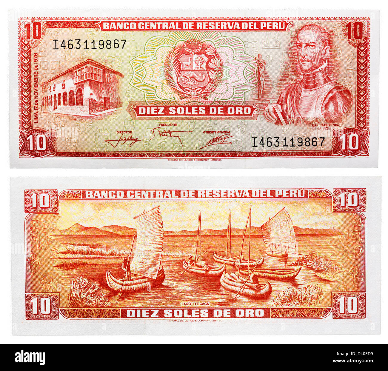 10 Soles de Oro banknote, Garcilaso Inca de la Vega and boats at lake Titicaca, Peru, 1976 Stock Photo