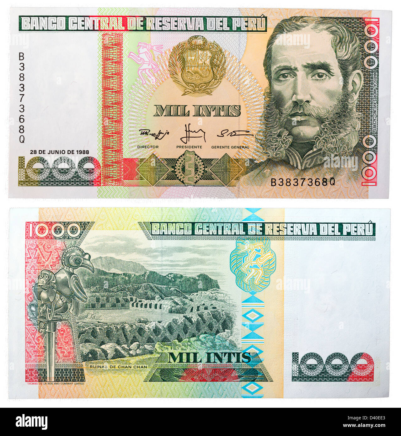 1000 Intis banknote, Mariscal Andres Avelino Caceres and ruins of Chan Chan, Peru, 1988 Stock Photo