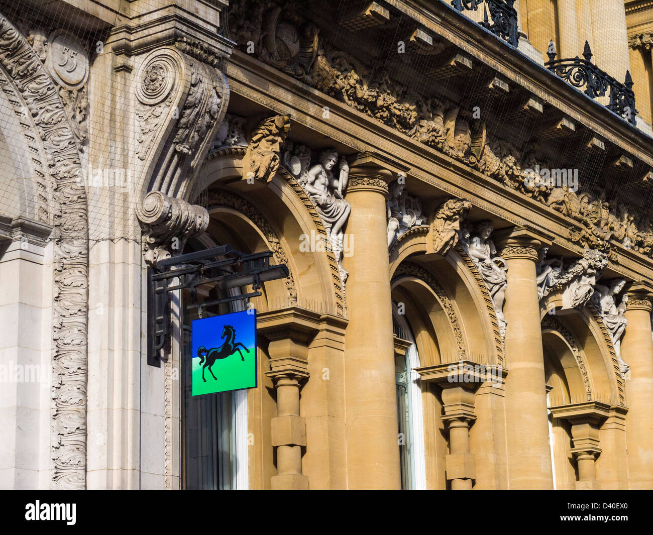 Lloyds TSB Bank sign hanging on the side of a victorian building in Clare Street, Bristol. Stock Photo