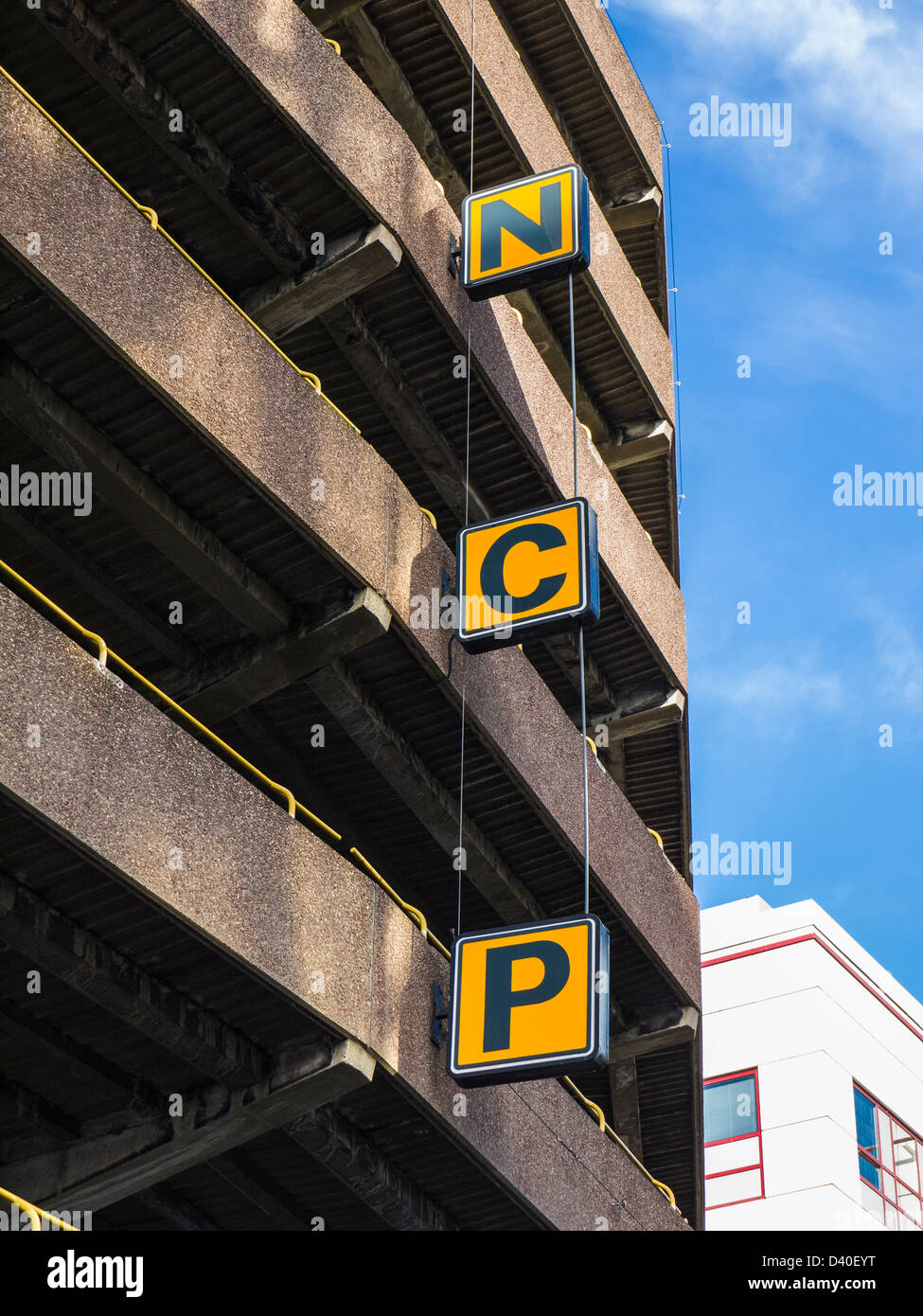 NCP sign on the side of a multi-storey carpark in the City of Bristol. Stock Photo
