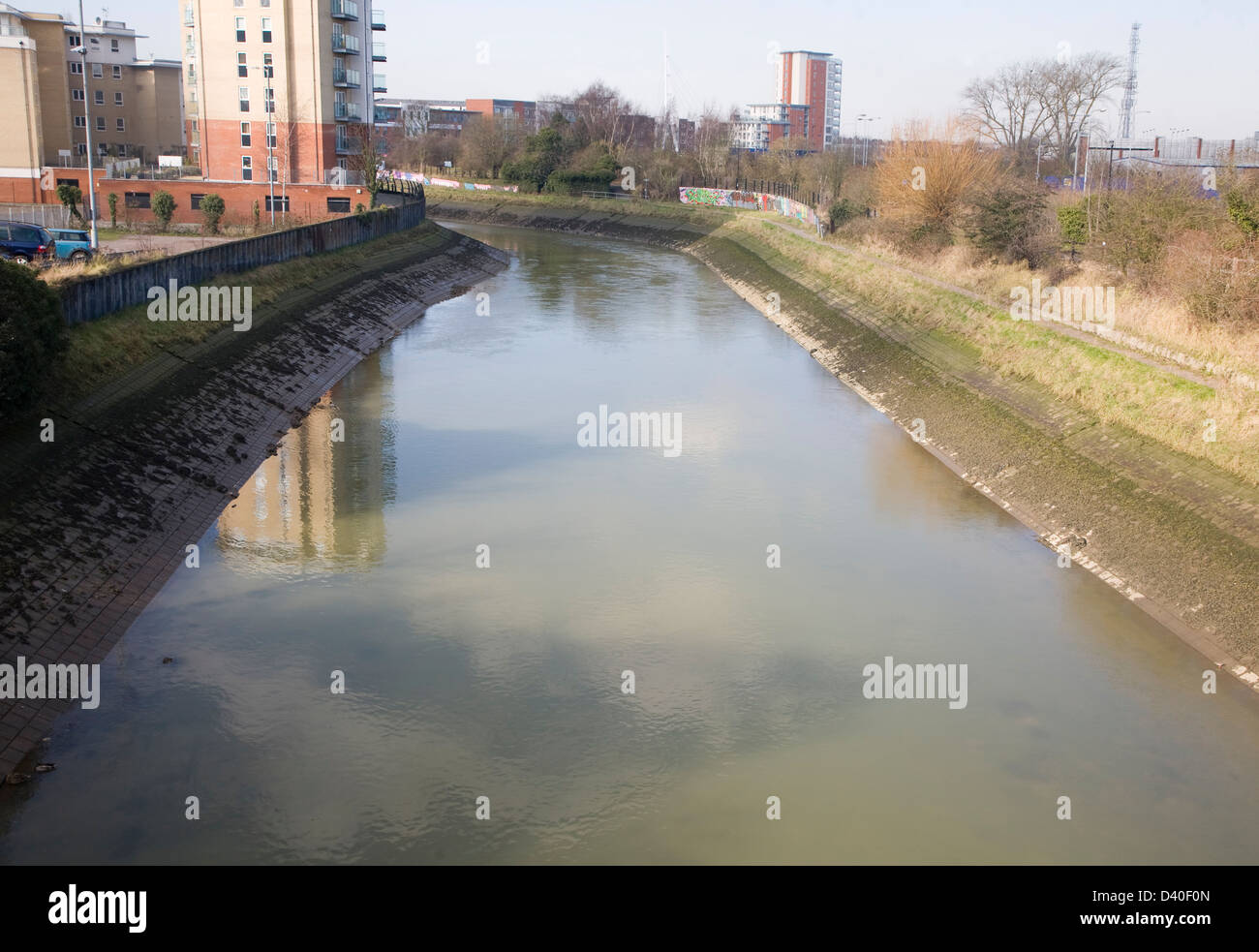 Concrete revetments reinforcing river banks to increase channel