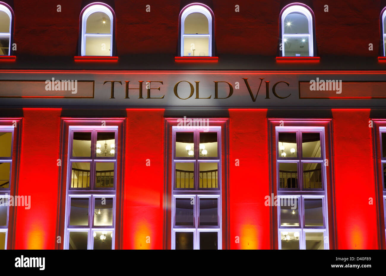 Floodlit facade to the Old Vic theatre on the Cut, Waterloo, London, UK Stock Photo