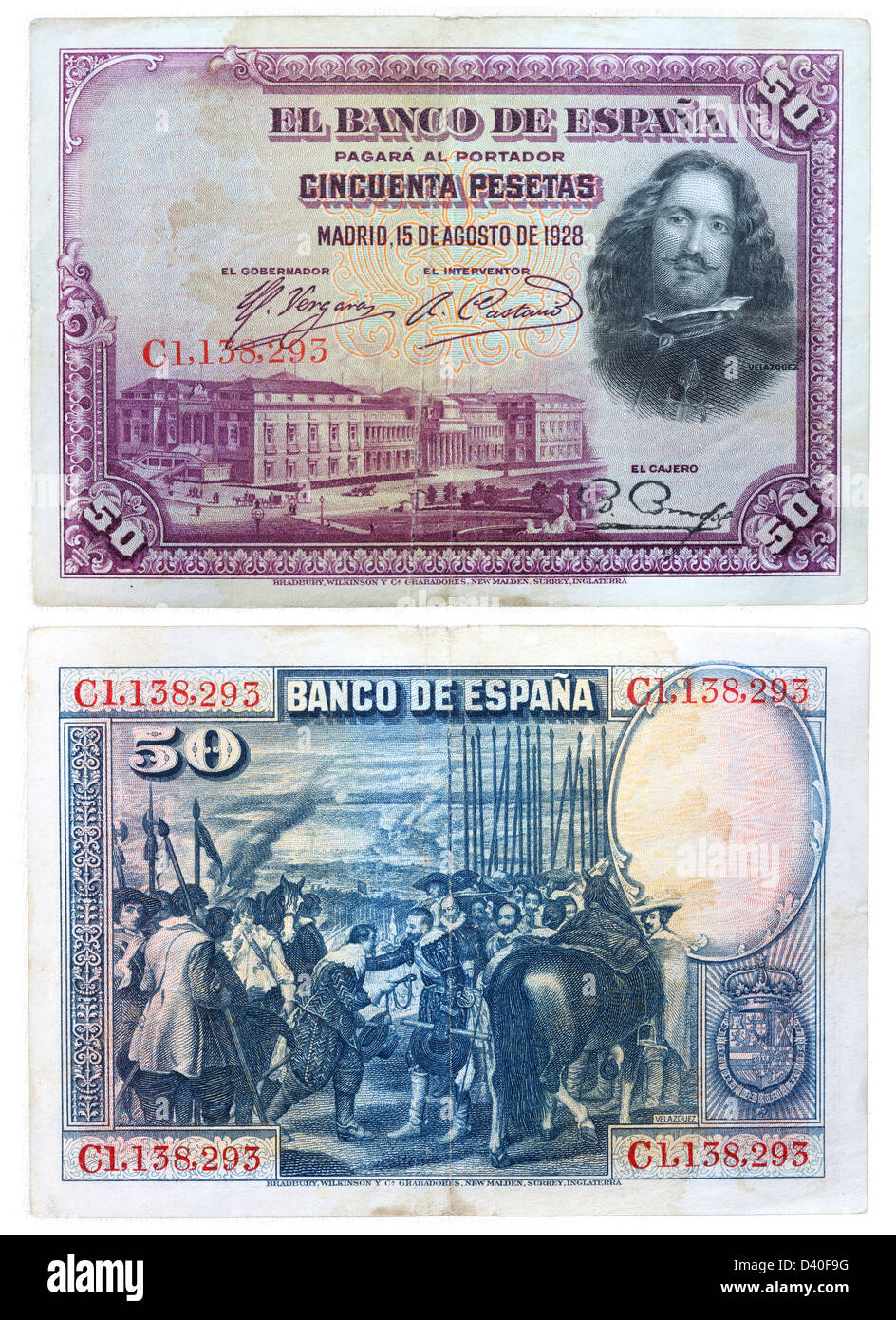 50 Pesetas banknote, Diego Velazquez, Prado Museum in Madrid and Painting La rendicion de Breda, Spain, 1928 Stock Photo