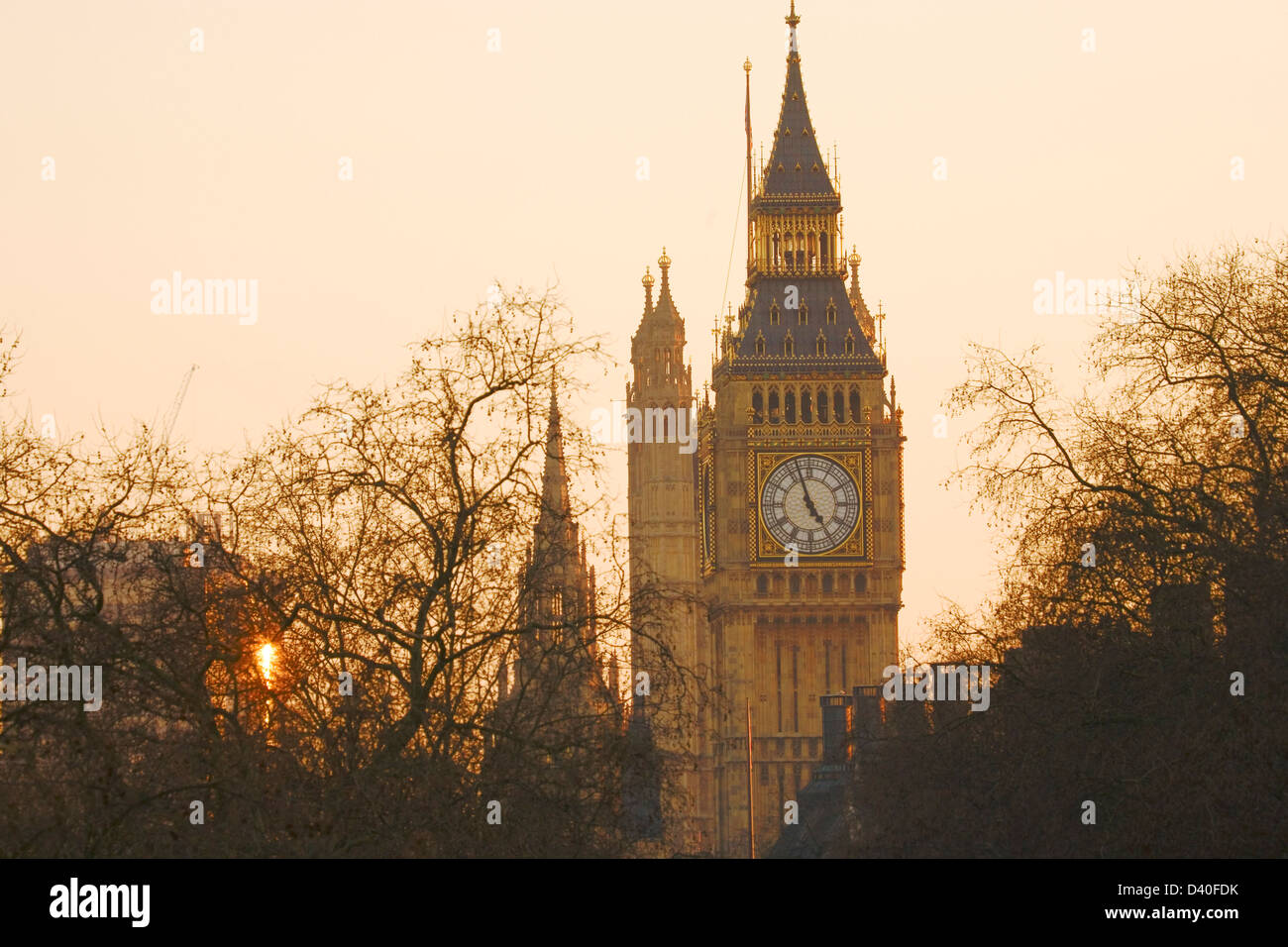 Big Ben, seen from Hungerford Bridge, Close up in the evening glow Stock Photo
