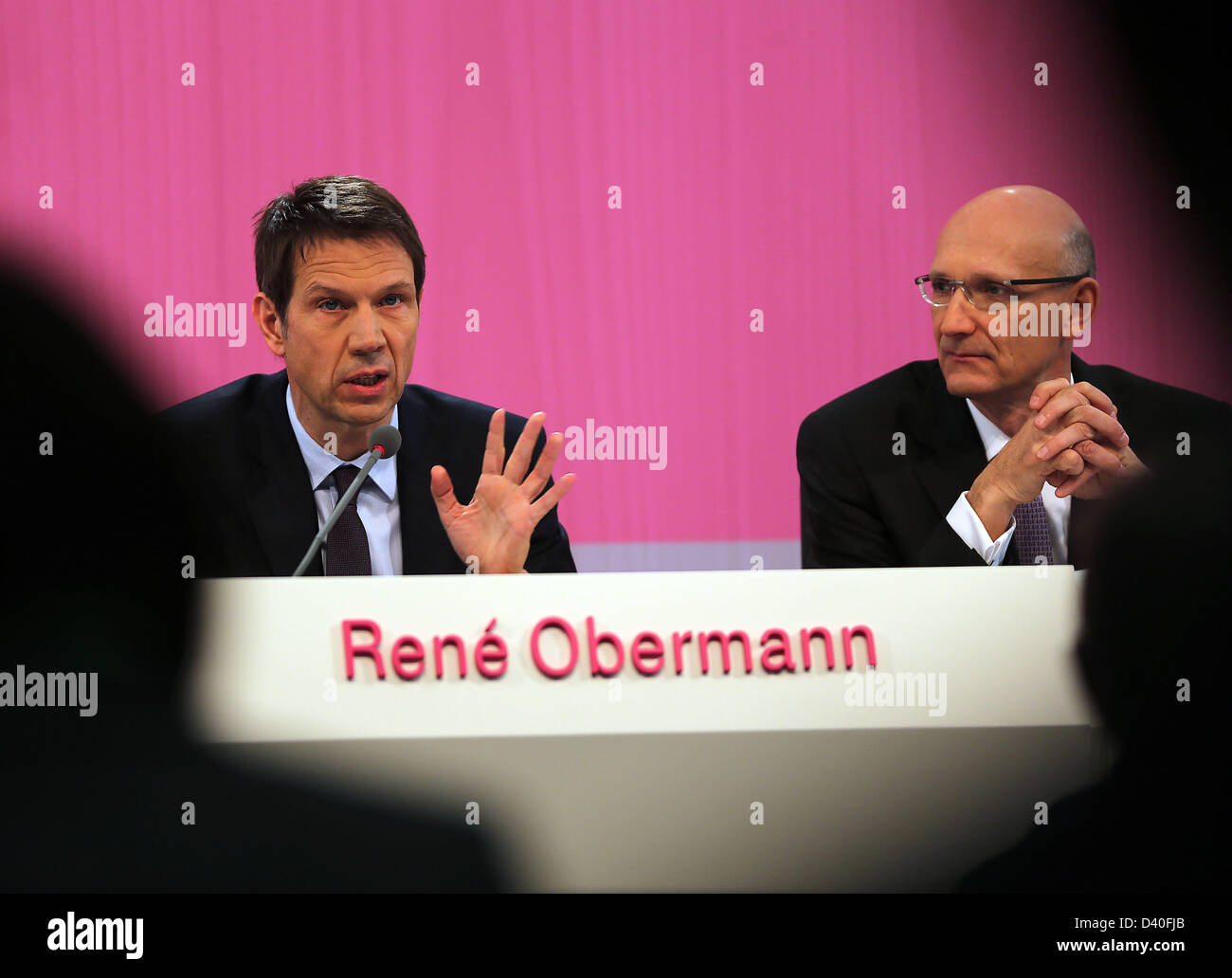 Deutsche Telekom chairman and CEO, Rene Obermann (L) and CFO Timotheus Hoettges attend the company's balance press conference in Bonn, Germany, 28 February 2013. Photo: OLIVER BERG Stock Photo