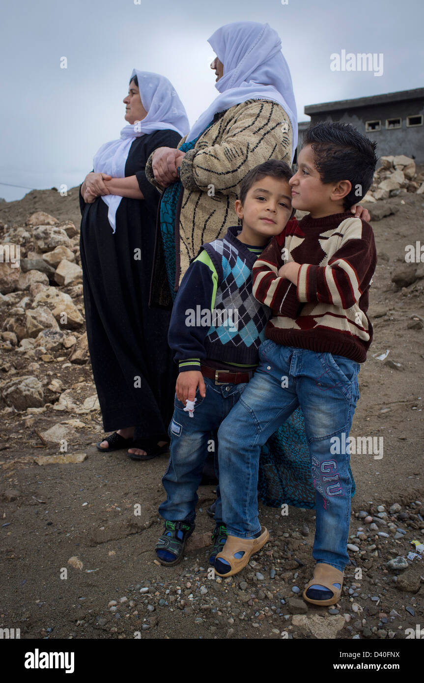 Children in the conflict-hit village of Dasht Mir Sari in Iraqi Kurdistan. Stock Photo