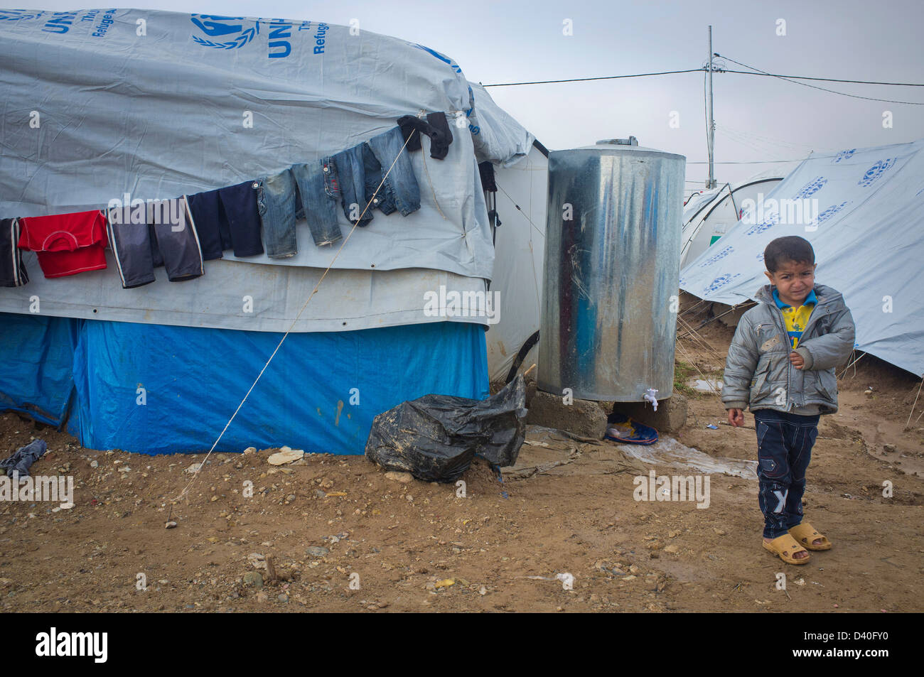 Syrian refugee boy at Domiz Refugee Camp for Syrians, near Dohuk in northern Iraq, Iraqi Kurdistan Stock Photo