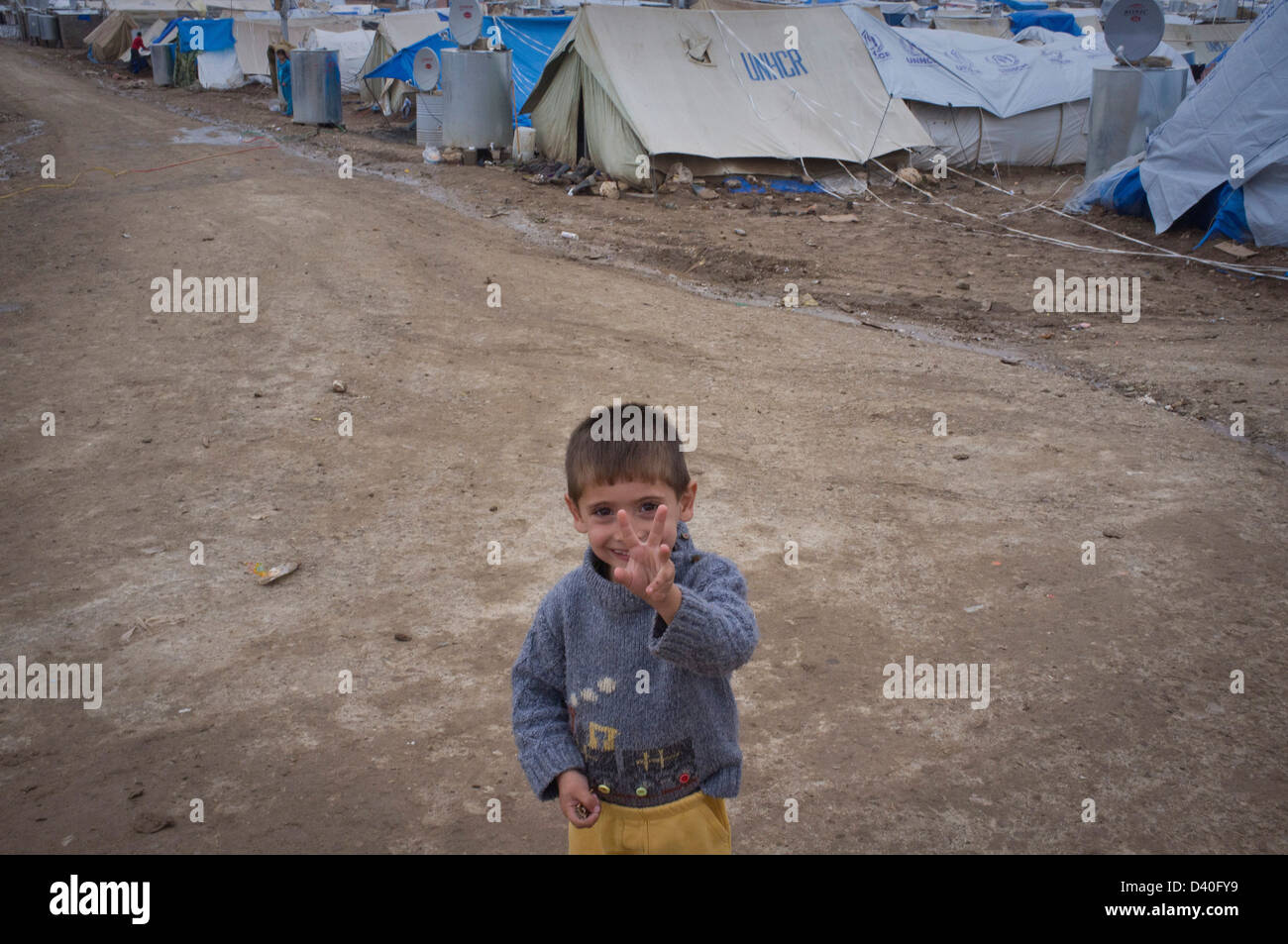 Syrian refugee boy at Domiz Refugee Camp for Syrians, near Dohuk in northern Iraq, Iraqi Kurdistan Stock Photo