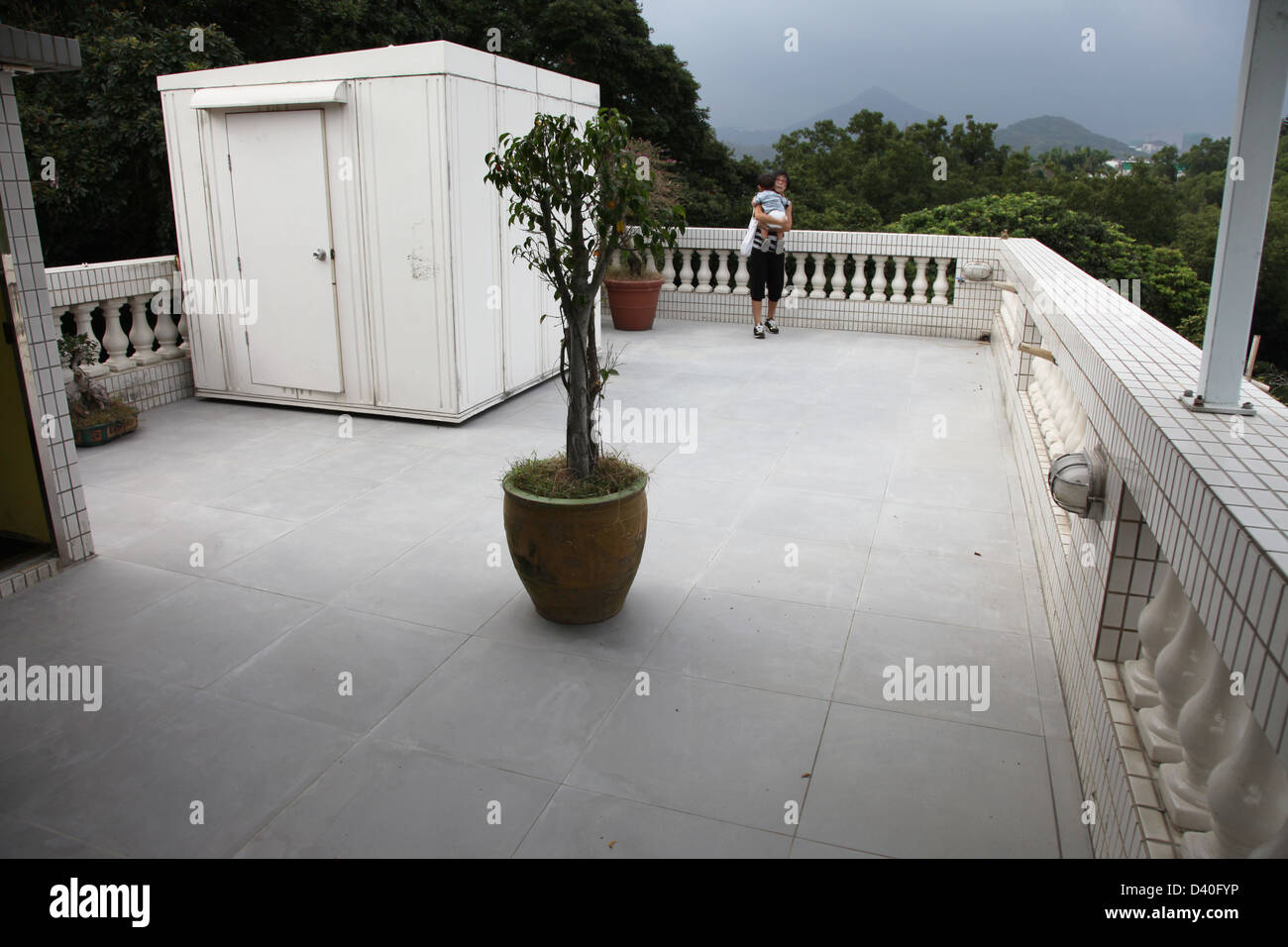 It's a photo of the roof terrace of a village house in hong kong in Asia.  We can see a white box storage and a forest/trees Stock Photo - Alamy