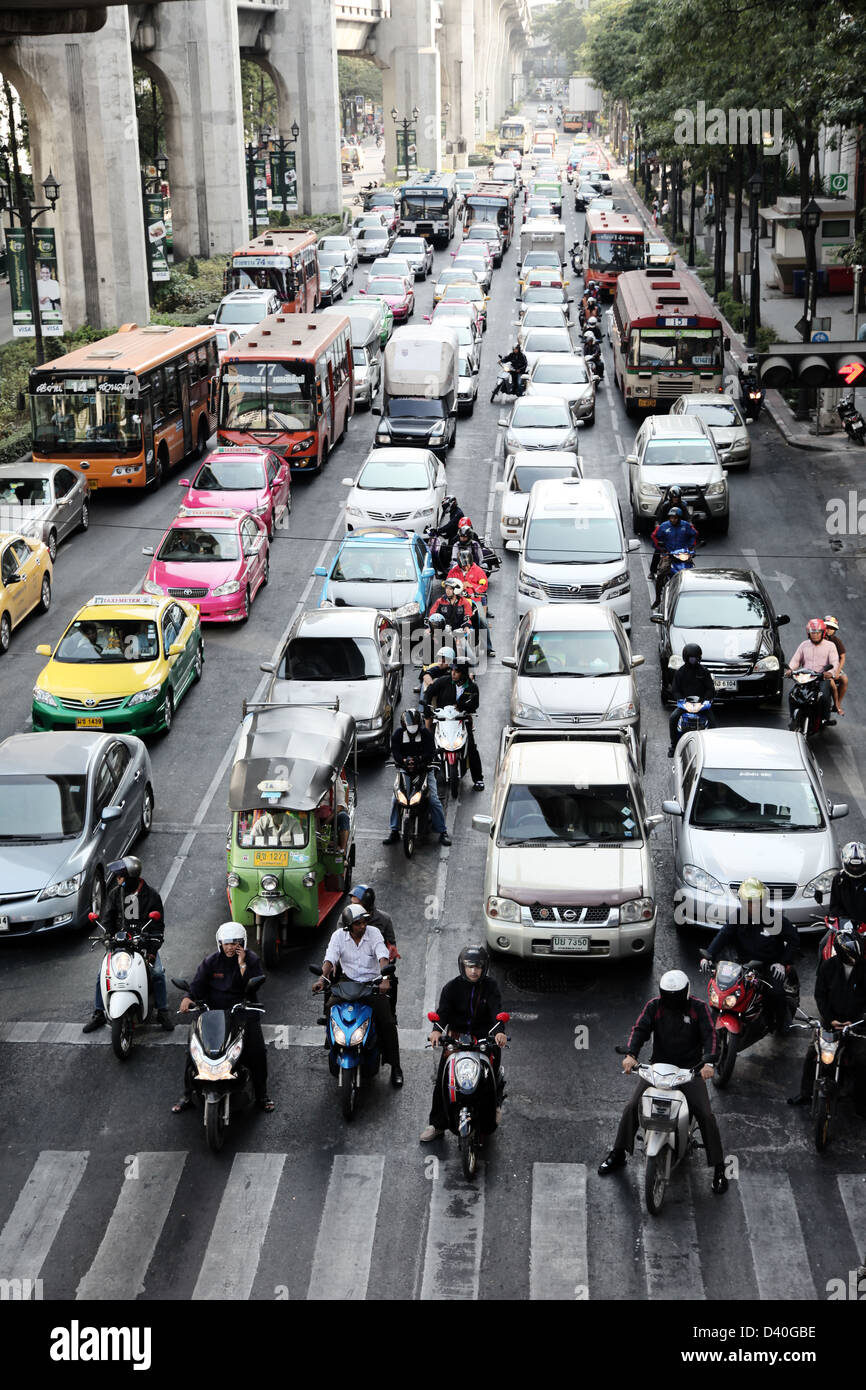 It's a photo of the traffic jam in Bangkok in Thailand during the Rush