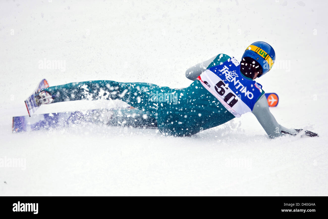 Val di Fiemme, Italy. 28th February 2013. Tino Edelmann of Germany falls during the Nordic Combined team competition jump at the Nordic Skiing World Championships. Photo: Daniel Karmann/dpa/Alamy Live News Stock Photo