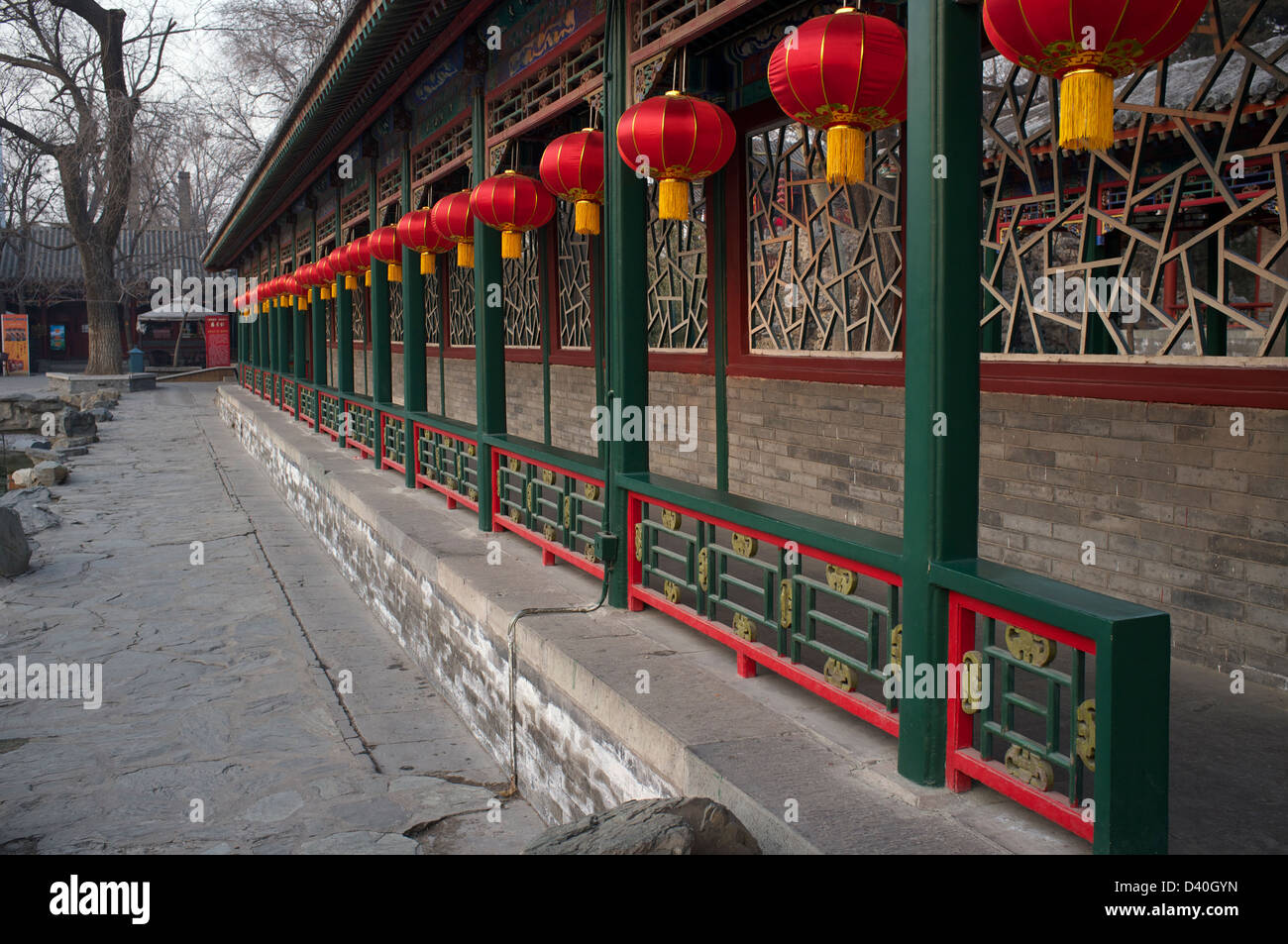 Chinese lanterns are decorated at a  corridor in The Prince Gong's Mansion in Beijing, China. 23-Feb-2013 Stock Photo