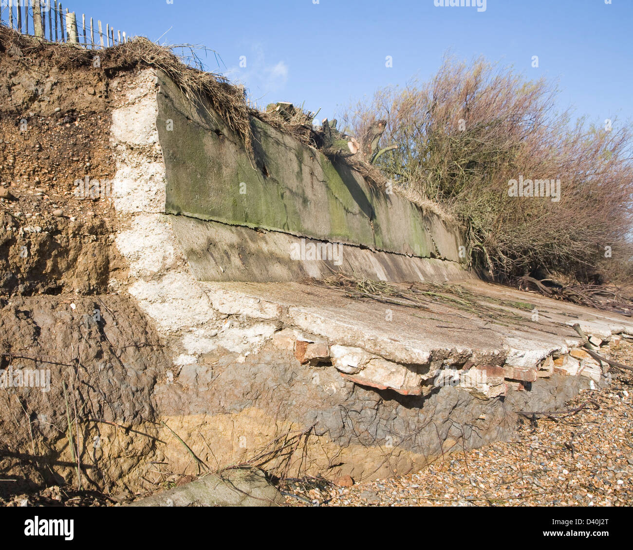 Cross section of eroding sea wall East Lane, Bawdsey, Suffolk, England Stock Photo