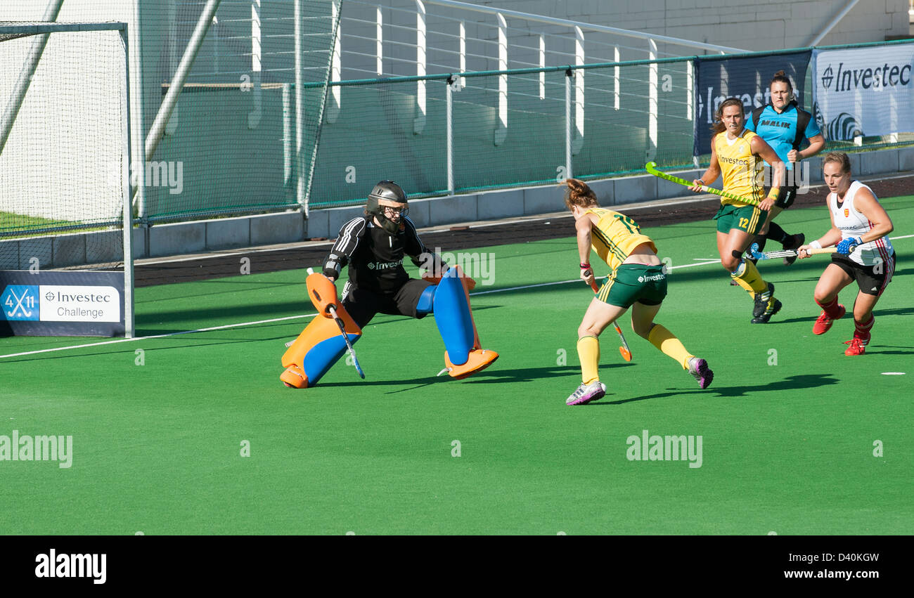 South Africa v England Ladies hockey match at Hartleyvale Stadium Cape Town SA attacking the English goal Stock Photo