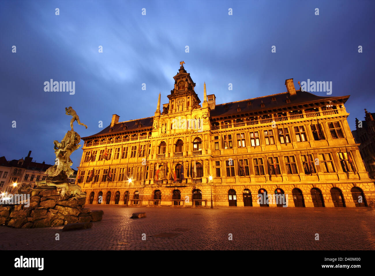 Antwerp (Anvers) city hall and statue from Grote Markt, Belgium (by night). Stock Photo