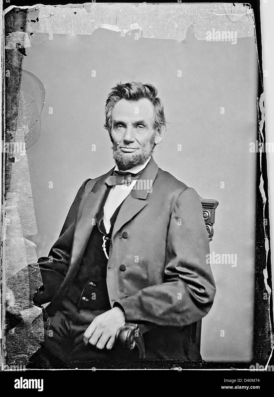 Tintype wet plate portrait of President Abraham Lincoln by Matthew Brady circa 1863. Photo with authentic colloidal marks. Stock Photo