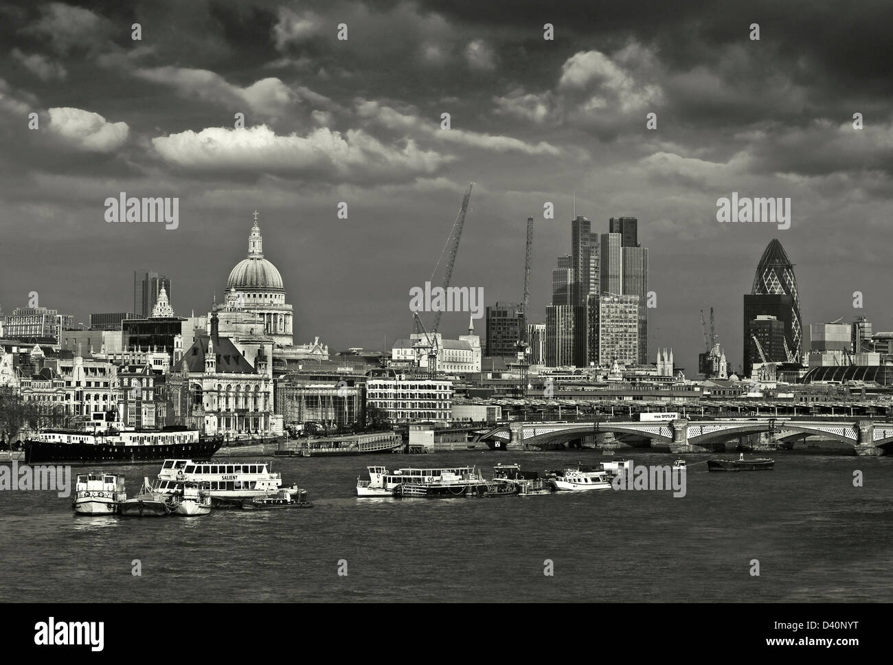 View over river Thames to St Pauls Cathedral Blackfriars Bridge and city skyline Stock Photo